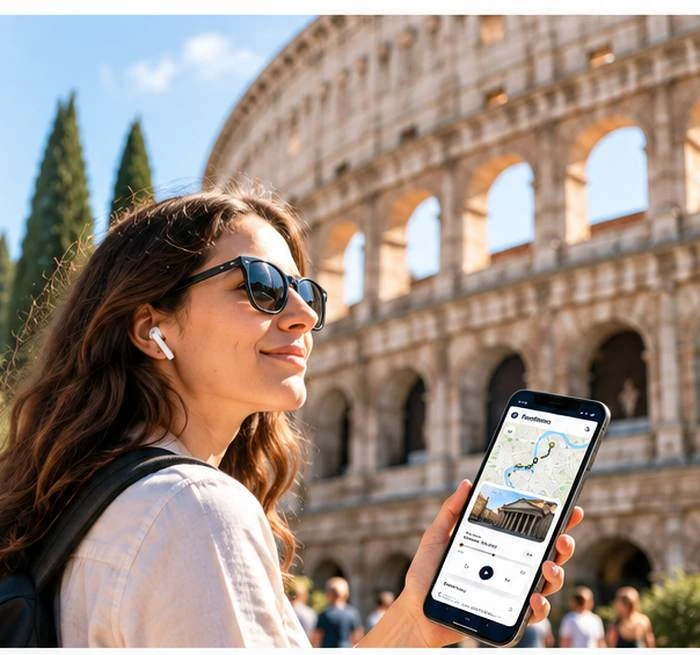 Traveler holding a phone in front of the Colosseum